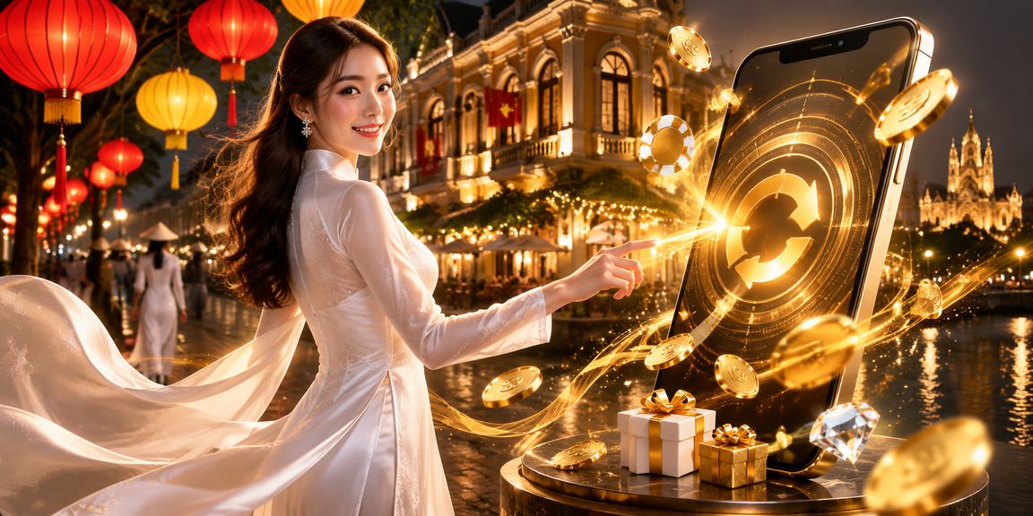 Người phụ nữ mặc áo dài Hà Nội theo dõi kết quả kèo bóng đá trên điện thoại