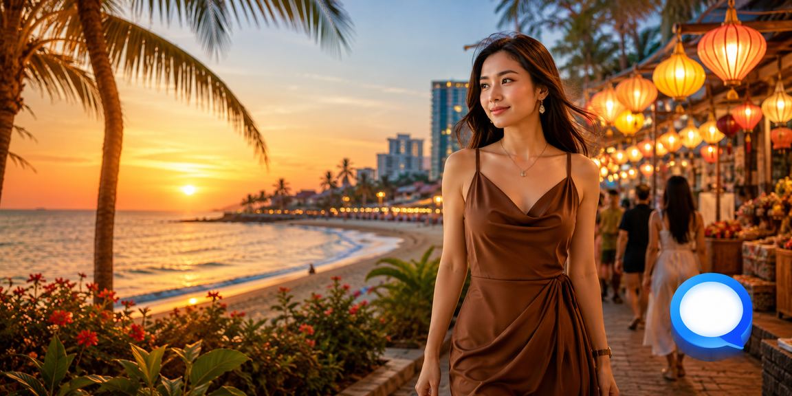 Người dùng ngồi uống cà phê tại Phú Quốc và kiểm tra giải thưởng trên điện thoại
